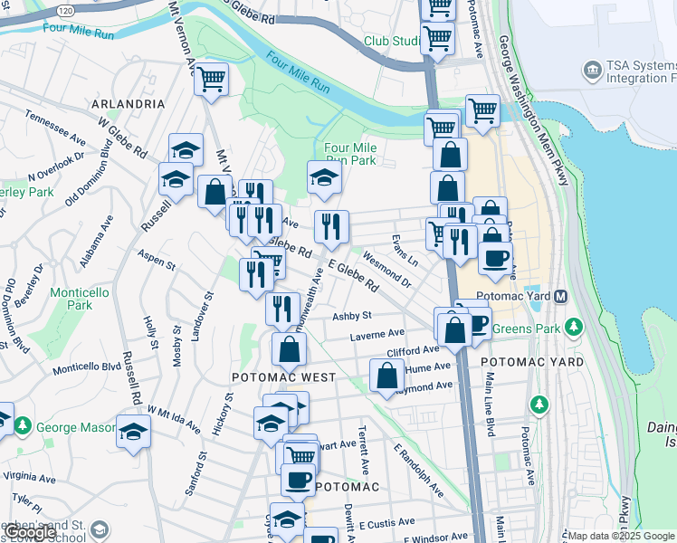 map of restaurants, bars, coffee shops, grocery stores, and more near 5 East Glebe Road in Alexandria