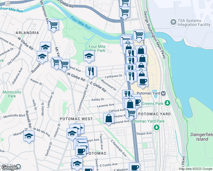 map of restaurants, bars, coffee shops, grocery stores, and more near 155 Wesmond Drive in Alexandria