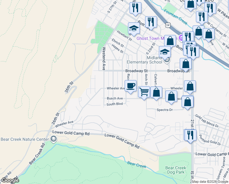 map of restaurants, bars, coffee shops, grocery stores, and more near 1411 Langmeyer Street in Colorado Springs