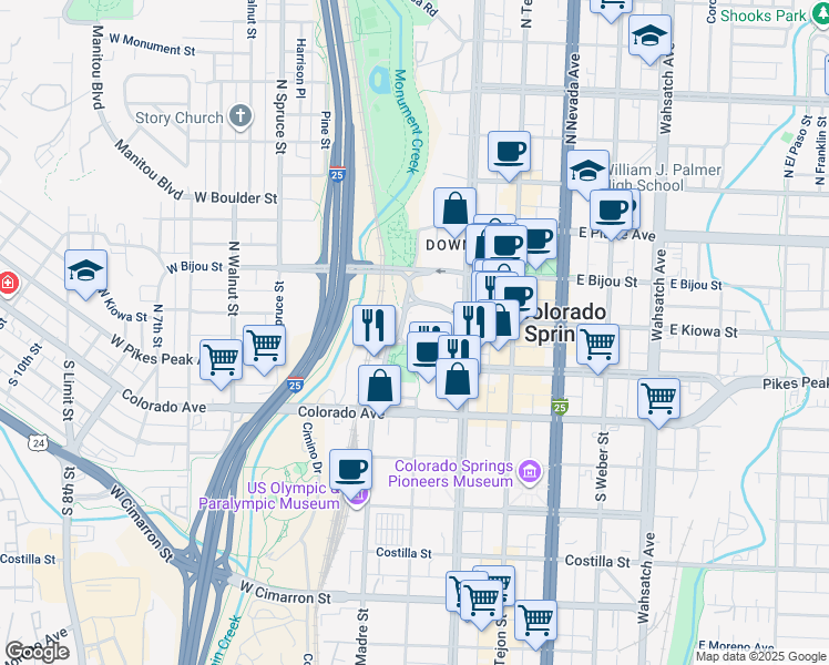 map of restaurants, bars, coffee shops, grocery stores, and more near 100 West Pikes Peak Avenue in Colorado Springs