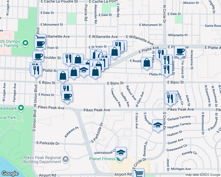 map of restaurants, bars, coffee shops, grocery stores, and more near 122 Lawrence Avenue in Colorado Springs