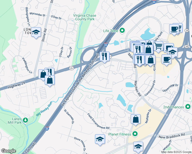 map of restaurants, bars, coffee shops, grocery stores, and more near 14465 Rustling Leaves Lane in Centreville