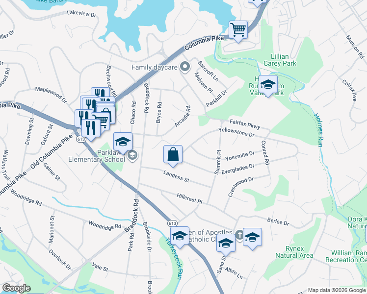 map of restaurants, bars, coffee shops, grocery stores, and more near 6312 Yellowstone Drive in Alexandria