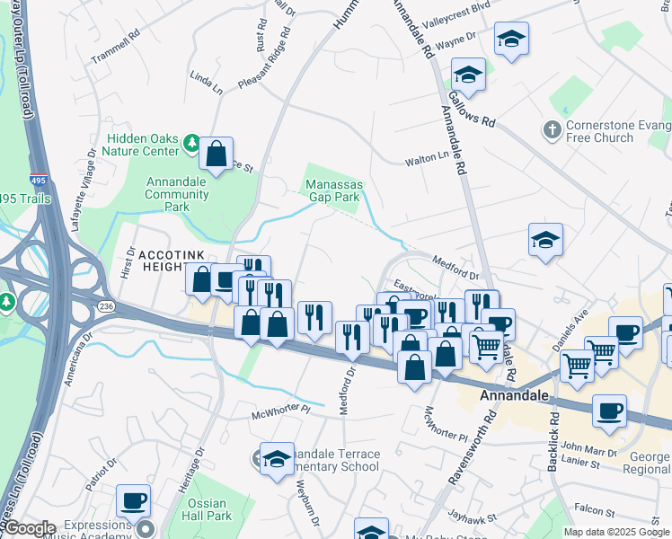map of restaurants, bars, coffee shops, grocery stores, and more near 7509 Woodpalace Court in Annandale