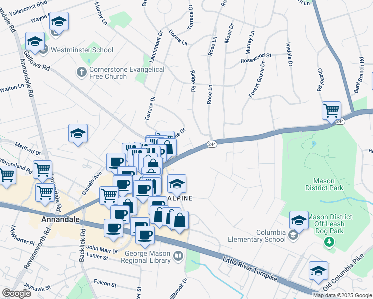 map of restaurants, bars, coffee shops, grocery stores, and more near 6903 Lillie Mae Way in Annandale