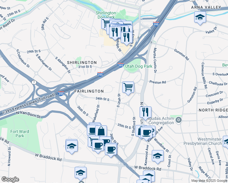 map of restaurants, bars, coffee shops, grocery stores, and more near 3337 South Wakefield Street in Arlington