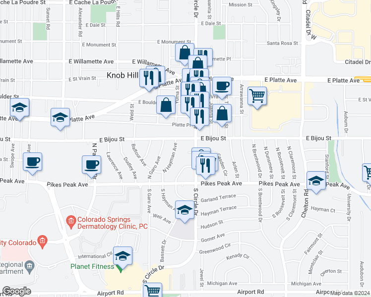 map of restaurants, bars, coffee shops, grocery stores, and more near 2720 Casden Circle in Colorado Springs