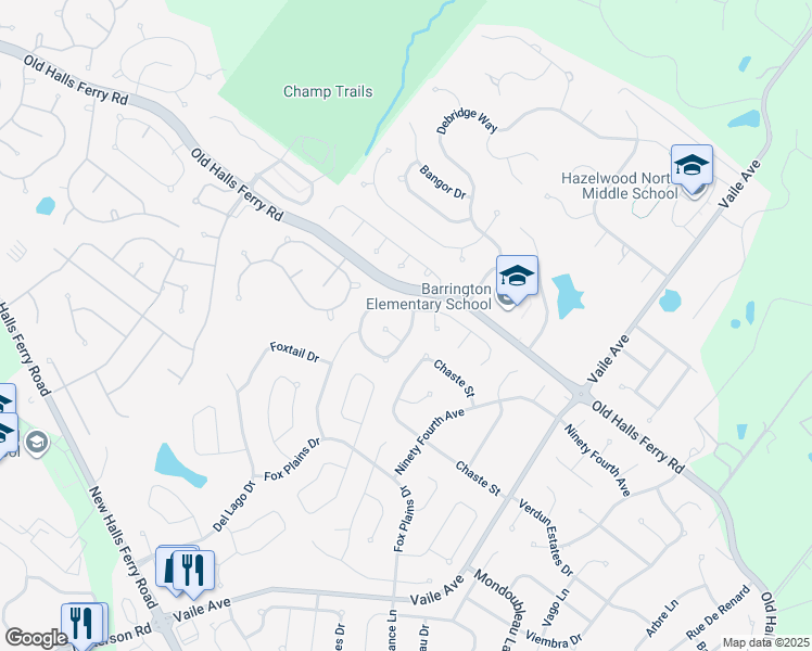 map of restaurants, bars, coffee shops, grocery stores, and more near 1050 Sprinters Row Drive in Florissant