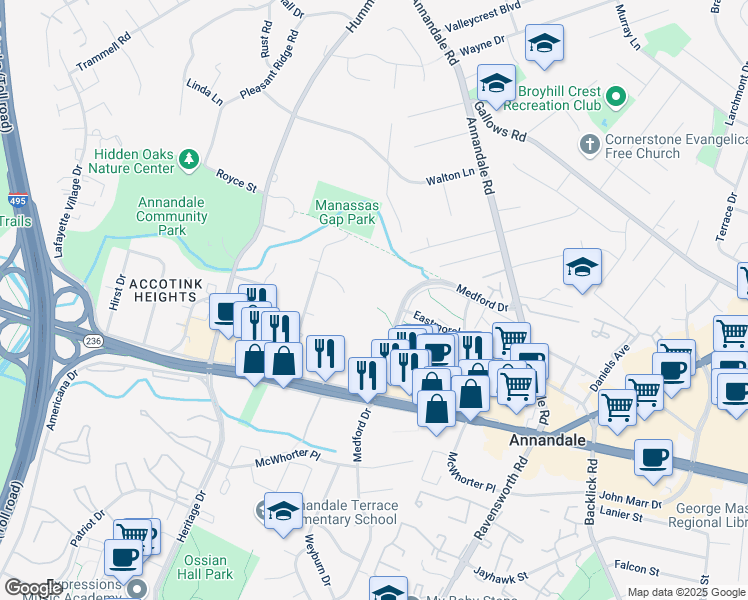 map of restaurants, bars, coffee shops, grocery stores, and more near 4128 Wadsworth Court in Annandale
