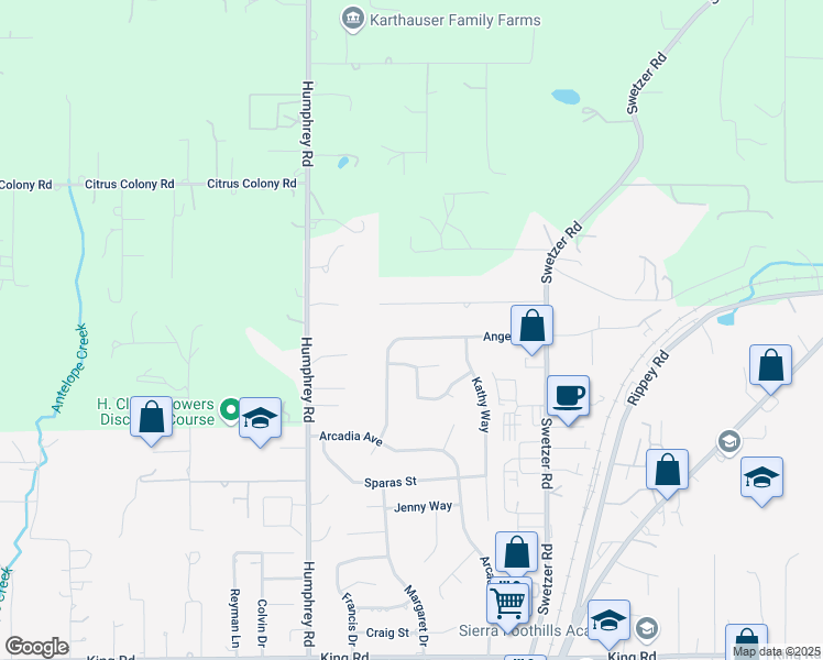 map of restaurants, bars, coffee shops, grocery stores, and more near 5781 Angelo Drive in Loomis