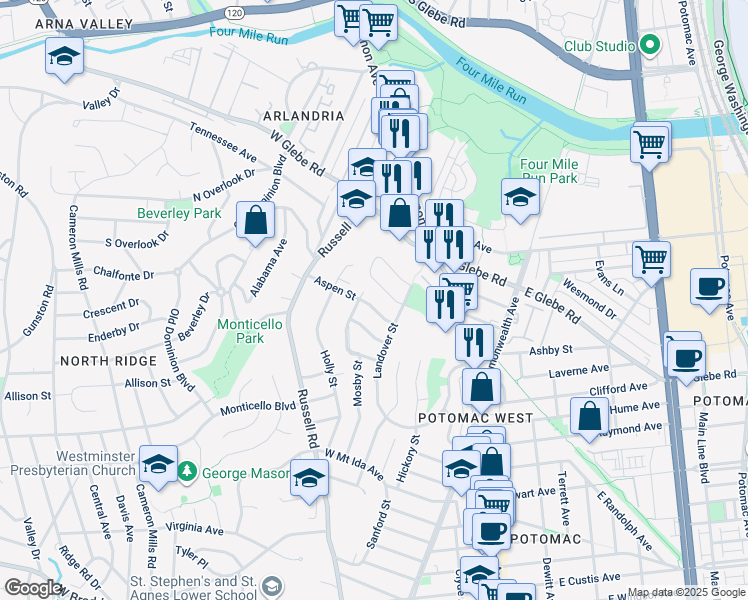 map of restaurants, bars, coffee shops, grocery stores, and more near 225 Aspen Street in Alexandria