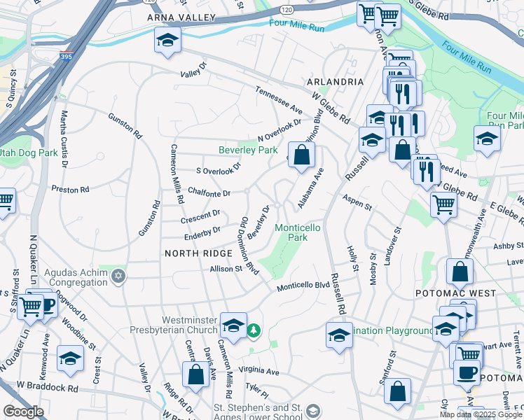 map of restaurants, bars, coffee shops, grocery stores, and more near 609 Beverley Drive in Alexandria