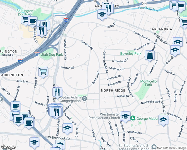 map of restaurants, bars, coffee shops, grocery stores, and more near 3302 Gunston Road in Alexandria