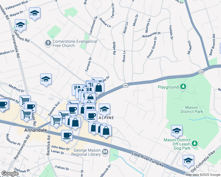 map of restaurants, bars, coffee shops, grocery stores, and more near 6903 Lillie Mae Way in Annandale