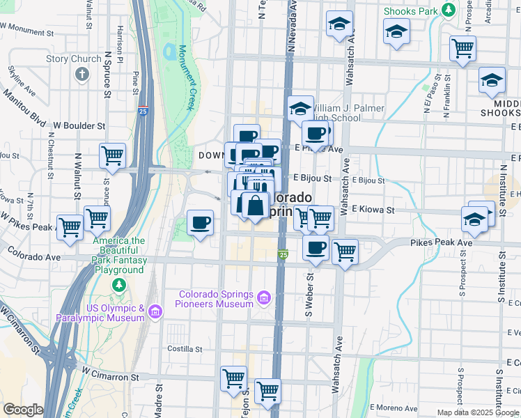 map of restaurants, bars, coffee shops, grocery stores, and more near 31 North Tejon Street in Colorado Springs
