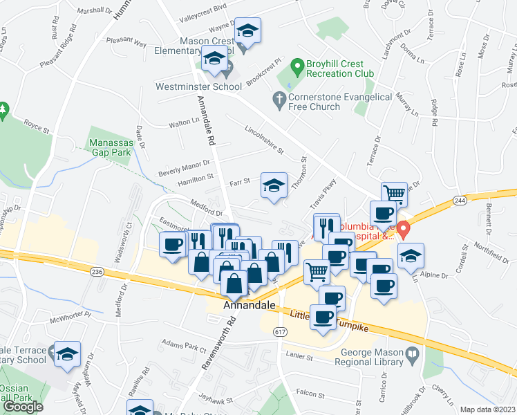map of restaurants, bars, coffee shops, grocery stores, and more near 7203 Quiet Cove in Annandale