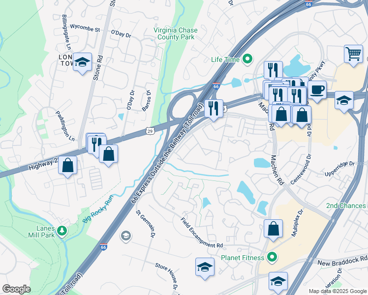 map of restaurants, bars, coffee shops, grocery stores, and more near 14525 Saint Germain Drive in Centreville