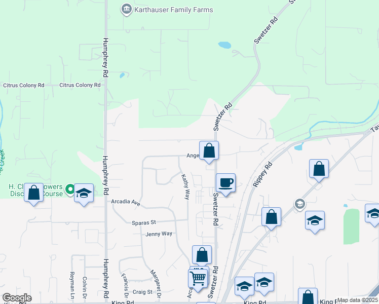 map of restaurants, bars, coffee shops, grocery stores, and more near 5931 Angelo Drive in Loomis