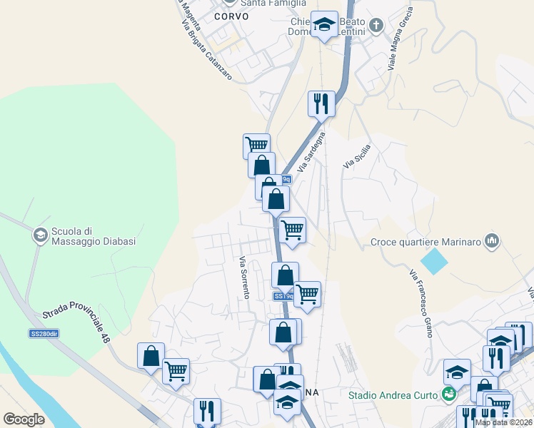 map of restaurants, bars, coffee shops, grocery stores, and more near 188 Viale Magna Grecia in Catanzaro