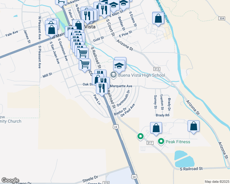 map of restaurants, bars, coffee shops, grocery stores, and more near 114 Harvard Lane in Buena Vista