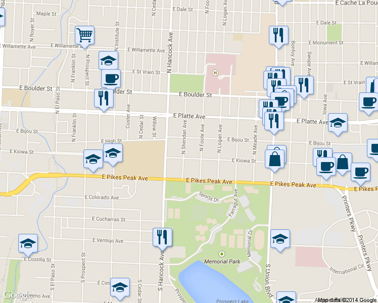 map of restaurants, bars, coffee shops, grocery stores, and more near 105 North Sheridan Avenue in Colorado Springs