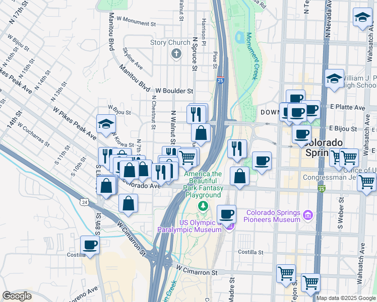 map of restaurants, bars, coffee shops, grocery stores, and more near 423 West Kiowa Street in Colorado Springs