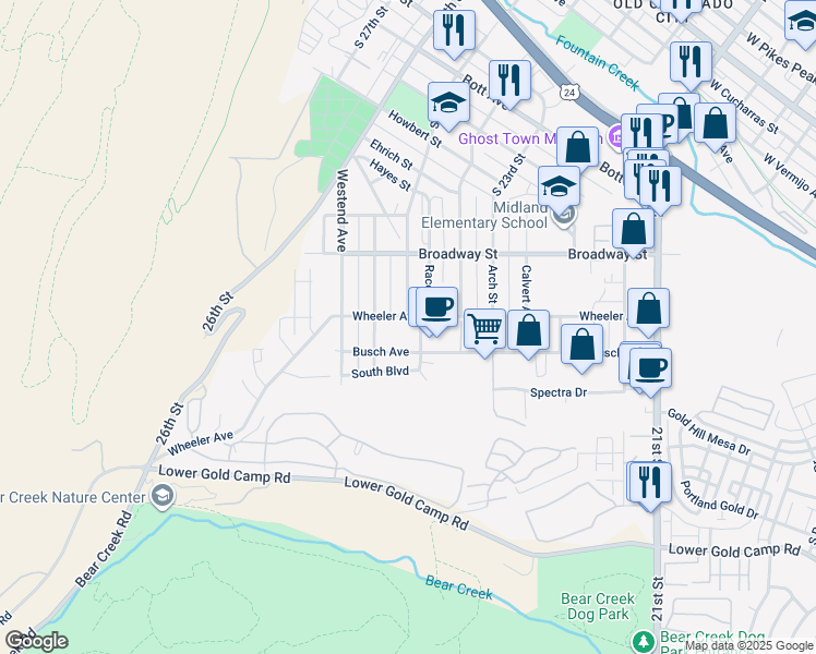 map of restaurants, bars, coffee shops, grocery stores, and more near 2507 Wheeler Avenue in Colorado Springs