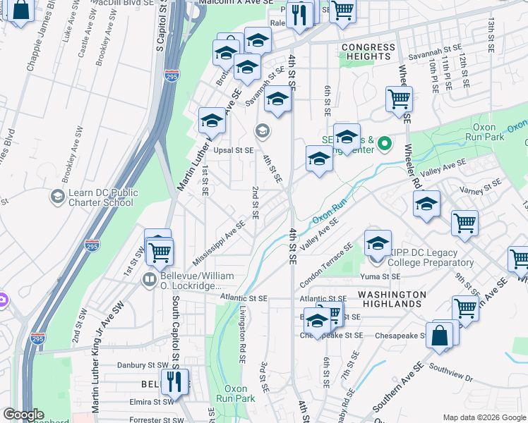 map of restaurants, bars, coffee shops, grocery stores, and more near 3200 E Street Southeast in Washington