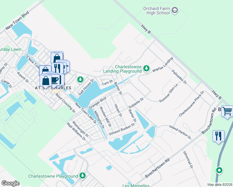 map of restaurants, bars, coffee shops, grocery stores, and more near 3393 Granger Boulevard in Saint Charles