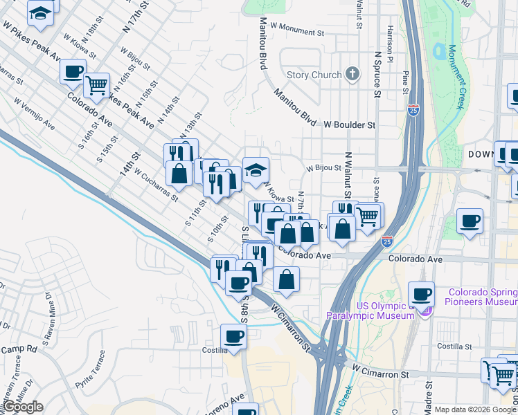 map of restaurants, bars, coffee shops, grocery stores, and more near 911 West Pikes Peak Avenue in Colorado Springs
