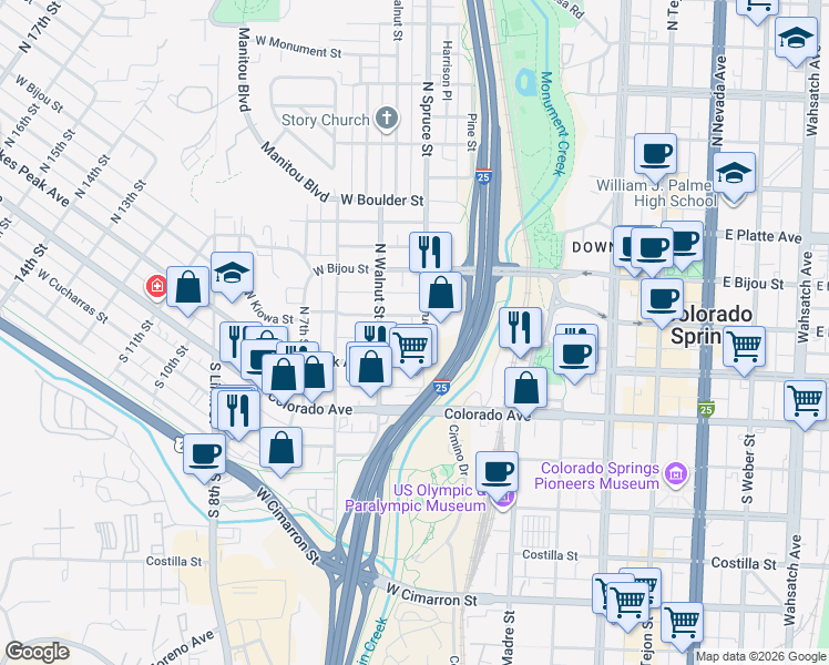 map of restaurants, bars, coffee shops, grocery stores, and more near 423 West Kiowa Street in Colorado Springs