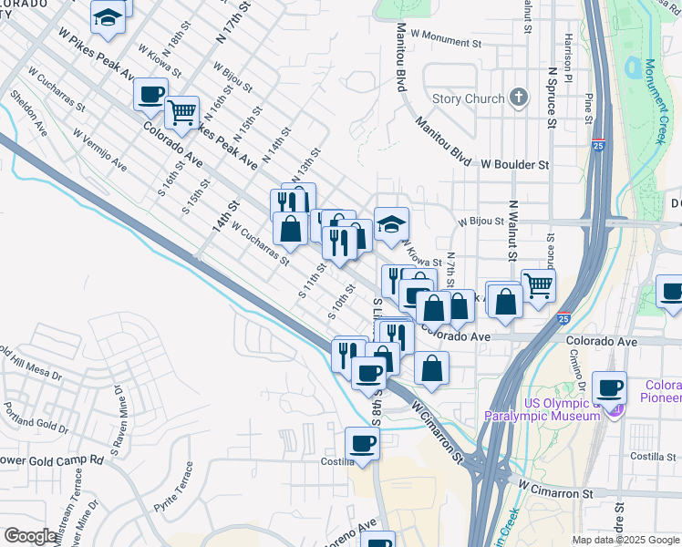 map of restaurants, bars, coffee shops, grocery stores, and more near 1015 West Colorado Avenue in Colorado Springs