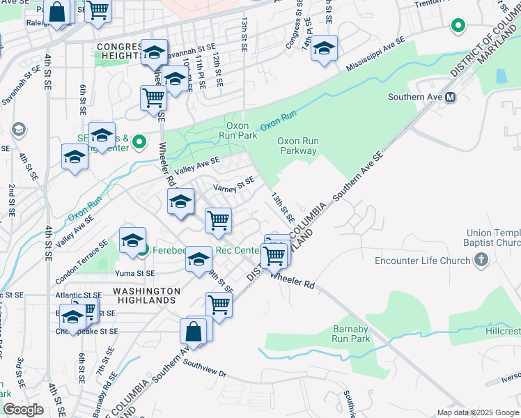 map of restaurants, bars, coffee shops, grocery stores, and more near 1136 Barnaby Terrace Southeast in Washington
