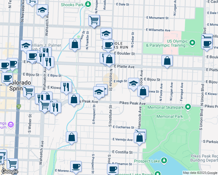 map of restaurants, bars, coffee shops, grocery stores, and more near 848 East Kiowa Street in Colorado Springs