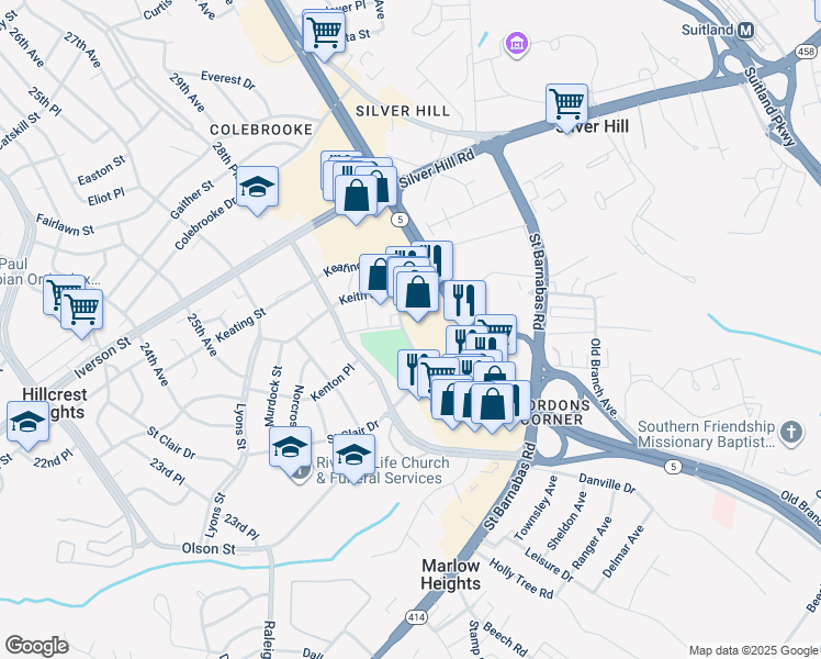 map of restaurants, bars, coffee shops, grocery stores, and more near 4001 Saint Clair Drive in Marlow Heights