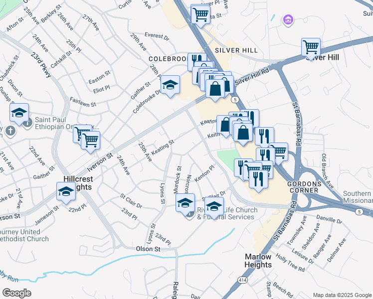 map of restaurants, bars, coffee shops, grocery stores, and more near 2618 Keith Street in Temple Hills