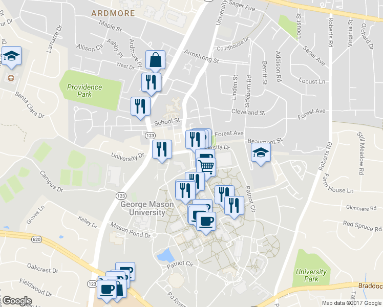 map of restaurants, bars, coffee shops, grocery stores, and more near 4430 George Mason Boulevard in Fairfax