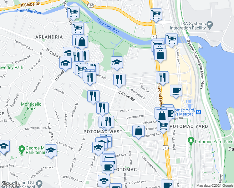 map of restaurants, bars, coffee shops, grocery stores, and more near 3303 Commonwealth Avenue in Alexandria