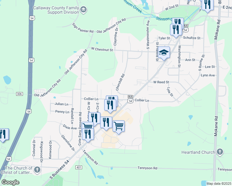 map of restaurants, bars, coffee shops, grocery stores, and more near 1013 Churchill Road in Fulton