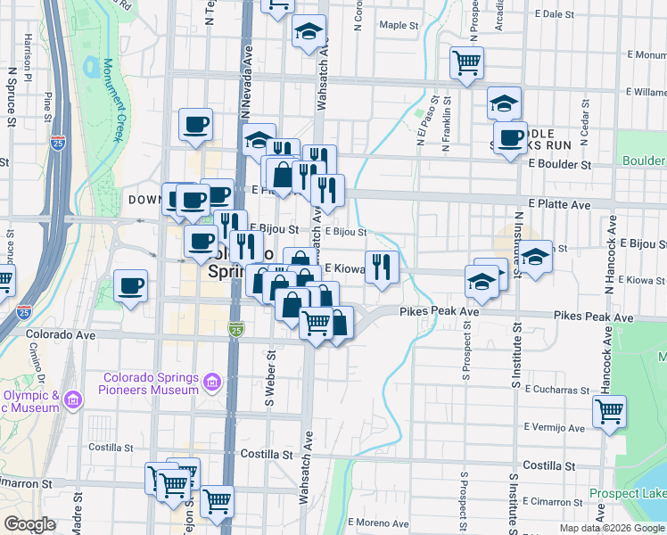 map of restaurants, bars, coffee shops, grocery stores, and more near 417 East Kiowa Street in Colorado Springs