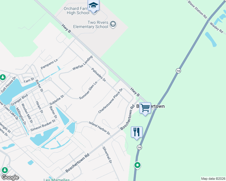 map of restaurants, bars, coffee shops, grocery stores, and more near 358 Charlestowne Place Drive in Saint Charles