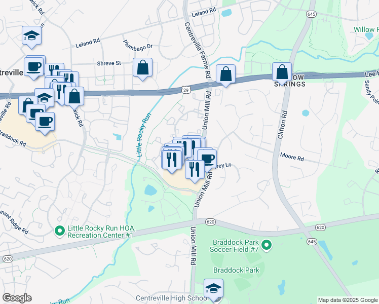 map of restaurants, bars, coffee shops, grocery stores, and more near 5680 White Dove Lane in Clifton