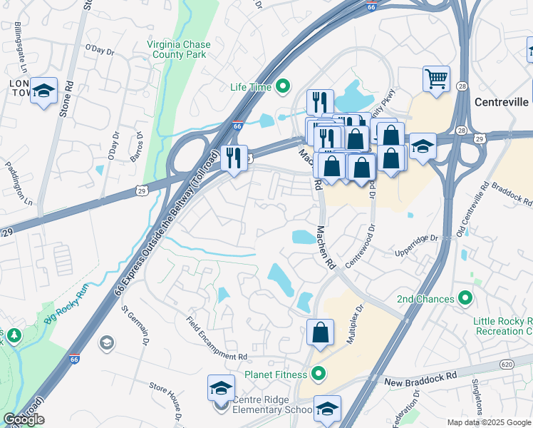 map of restaurants, bars, coffee shops, grocery stores, and more near 14303 Grape Holly Grove in Centreville