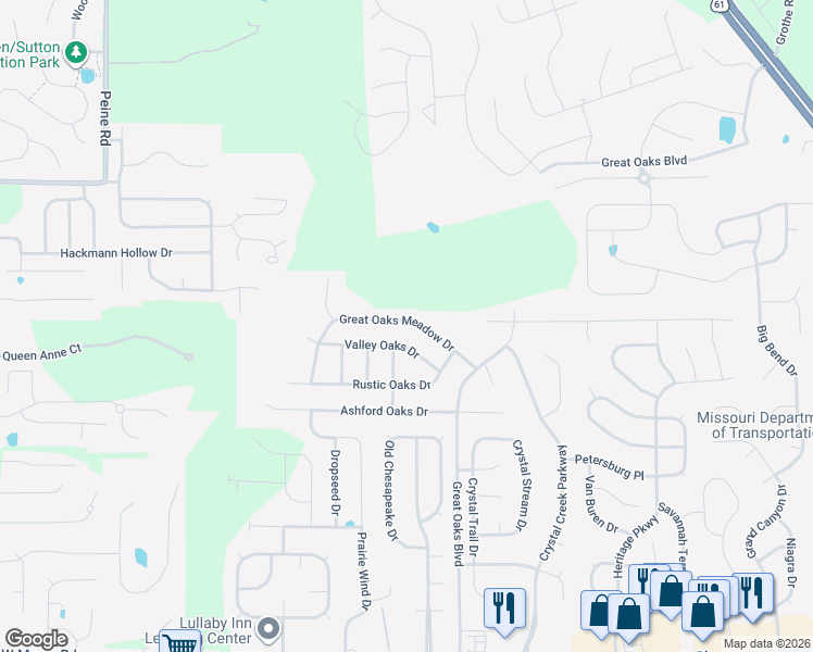 map of restaurants, bars, coffee shops, grocery stores, and more near 524 Great Oaks Meadow Drive in Wentzville