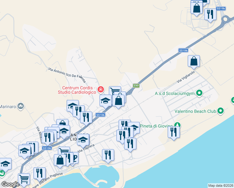 map of restaurants, bars, coffee shops, grocery stores, and more near 214B Viale Crotone in Catanzaro