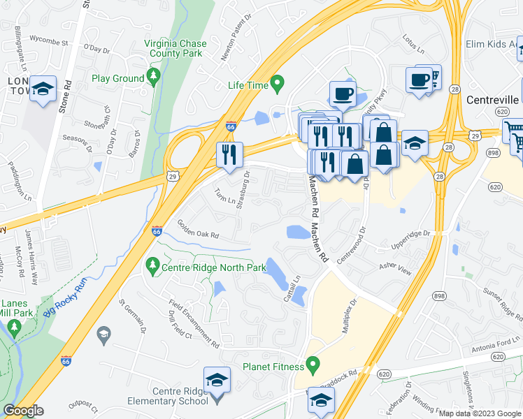 map of restaurants, bars, coffee shops, grocery stores, and more near 14303 Grape Holly Grove in Centreville