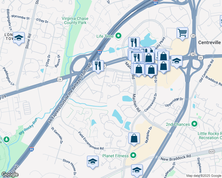 map of restaurants, bars, coffee shops, grocery stores, and more near 14303 Grape Holly Grove in Centreville