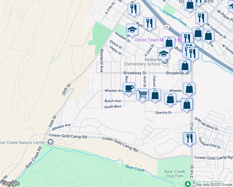 map of restaurants, bars, coffee shops, grocery stores, and more near 2507 Wheeler Avenue in Colorado Springs