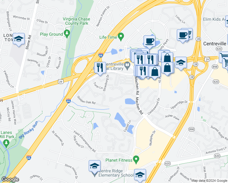 map of restaurants, bars, coffee shops, grocery stores, and more near 14303 Grape Holly Grove in Centreville