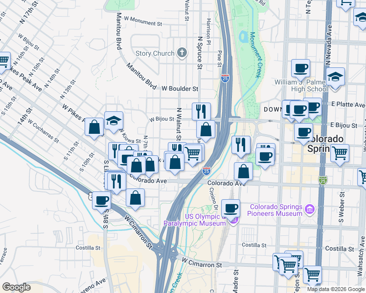 map of restaurants, bars, coffee shops, grocery stores, and more near 423 West Kiowa Street in Colorado Springs